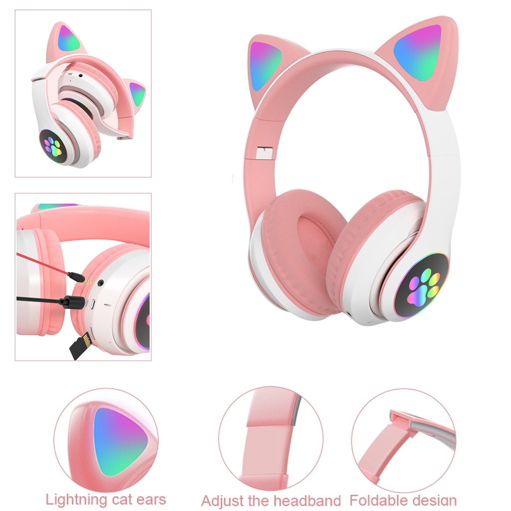 B39 JST28 Headset Anak Motif Kuping Kucing Bando Model Telinga / Handphone Bluetooth LED On-Ear Bass