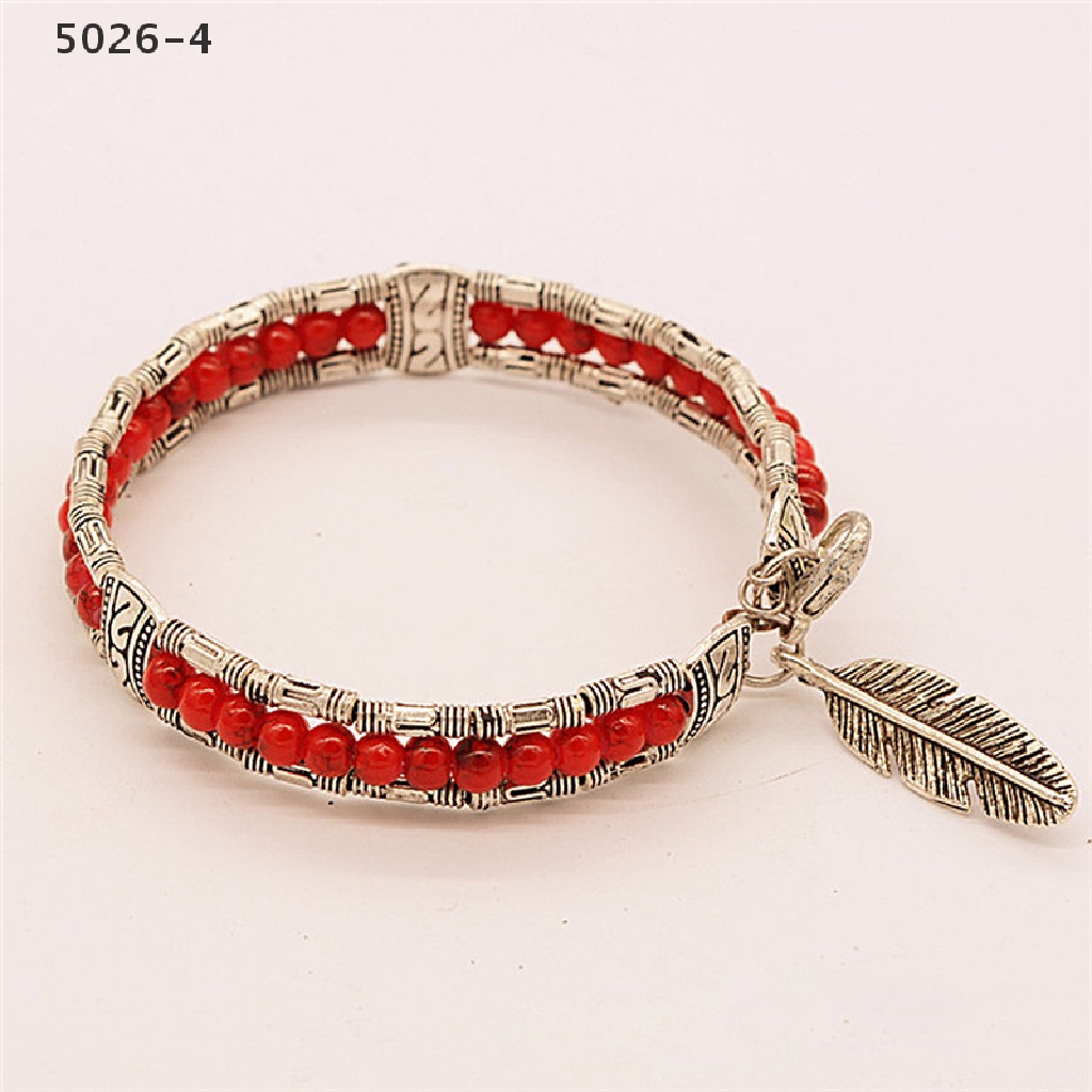 5026-4 Fashion Tibetan Silver Feather Bangle Women Gypsy Turquoise Vintage Bohemian Bracelet 5026-4