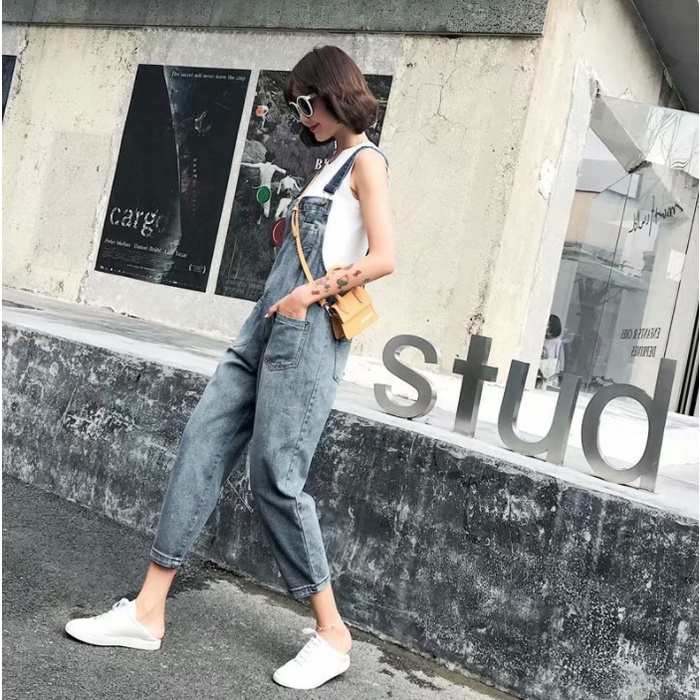 Overall denim panjang Jumpsuit Celana panjang Jumpsuit Wanita Fashion Simple lucu jumpsuit longgar versi korea wanita Korean Style