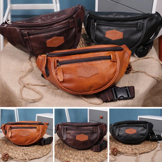 TAS SELEMPANG PRIA WAISTBAG COWOK KEREN CASUAL ADA LUBANG HEADSET BAHAN PU LEATHER PREMIUM EWL03