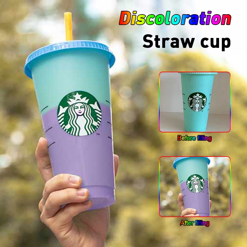 Cangkir Minum Desain Starbucks Bahan Plastik, Dapat Berganti Warna, 24oz