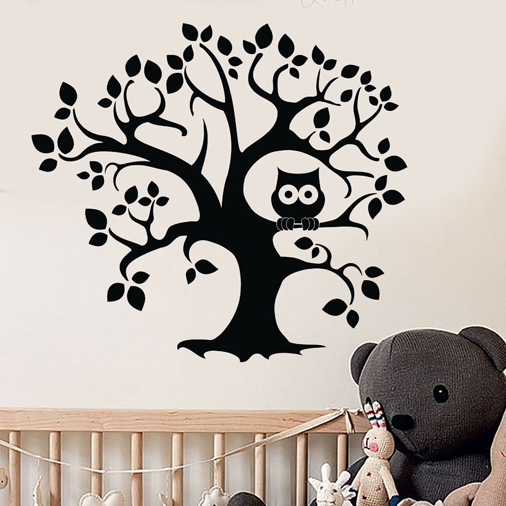 Stiker Dinding Kamar Tidur Anak Tree Wall Decal Cartoon Owl Door Window Vinyl Stickers Nursery Kids 