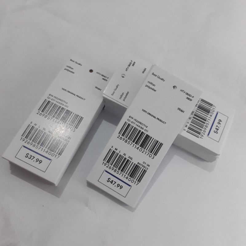 

hang tag label 4x9 bonus tali, label baju import , hantag ,handtag , hanstag , hentek , nemtek , hangtag , price tag , lebel baju barcode , merek baju