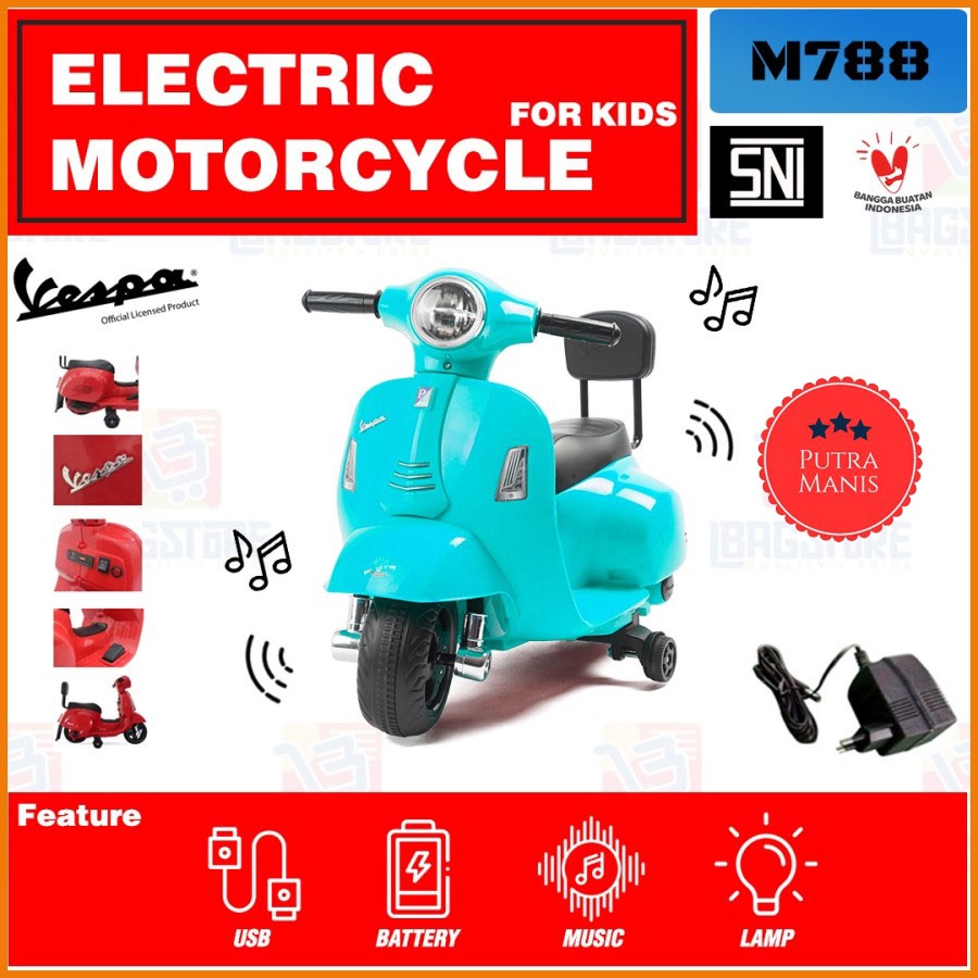 Mainan Anak Perempuan laki Motor Listrik AKI VESPA MINI PIAGGIO PMB akki accu cewek cowok musik char