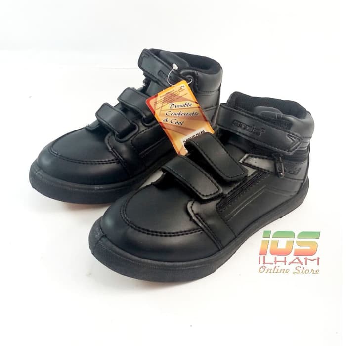 Sepatu Boot Anak TK SD ANDO Clover Velcro Resleting Size 29-32 Hitam