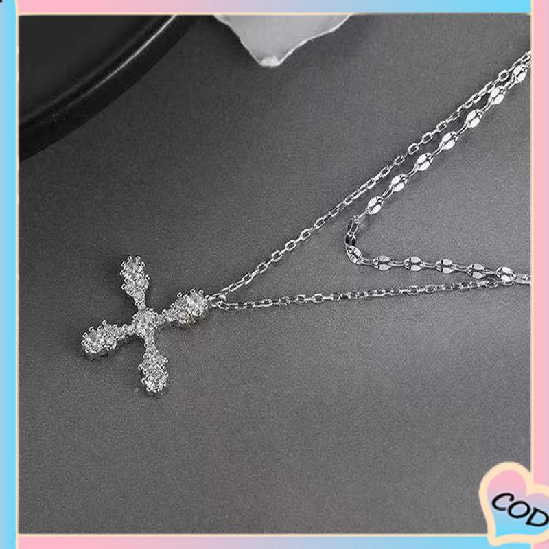 COD❤️ Hip Hop Cross Double Layer Necklace Feminin Fashion Micro Inlaid Zircon Pendant-A.one