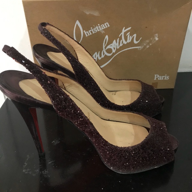 Christian Louboutin Heels Peep Toe Glitter Bordeaux 39 Second Authentic