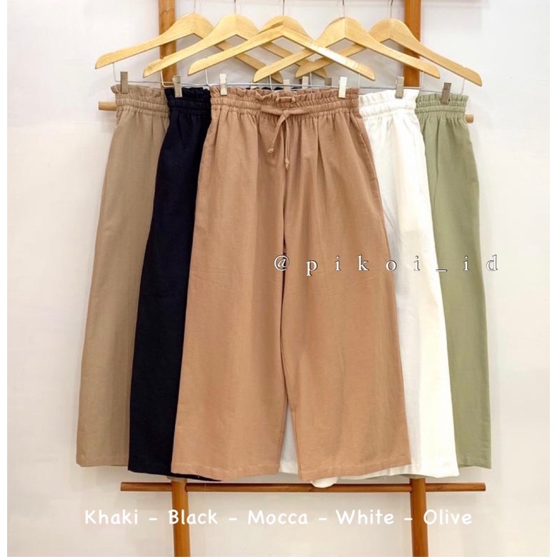 Celana panjang wanita full karet / celana big size katun linen / celana kulot besar wideleg murah