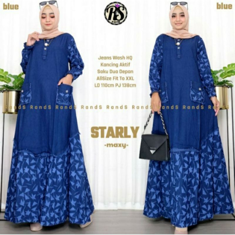 baju gamis jeans denim wanita  kombinasi motif terbaru