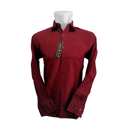 Lesta Langgeng Kemeja Formal Pria Standard Bahan Kain Katun Warna Merah Marun Polos Lengan Panjang M L XL