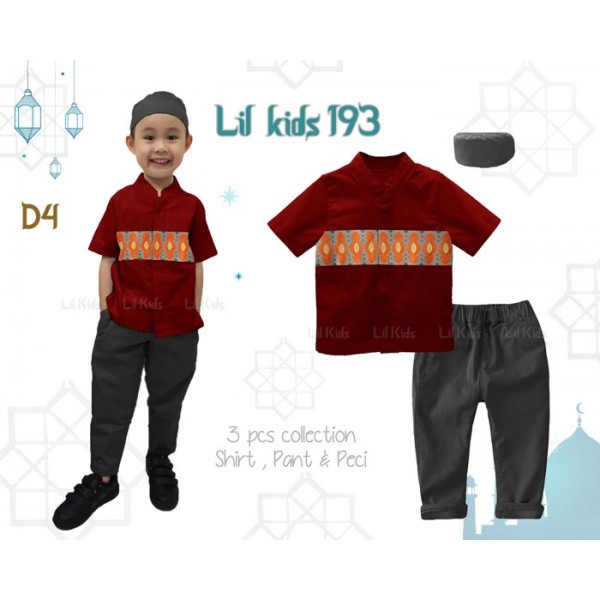 IMPORT LK193 D4 Baju Koko Muslim Anak Merah Maroon Peci Celana Panjang India Lengan Pendek LK193