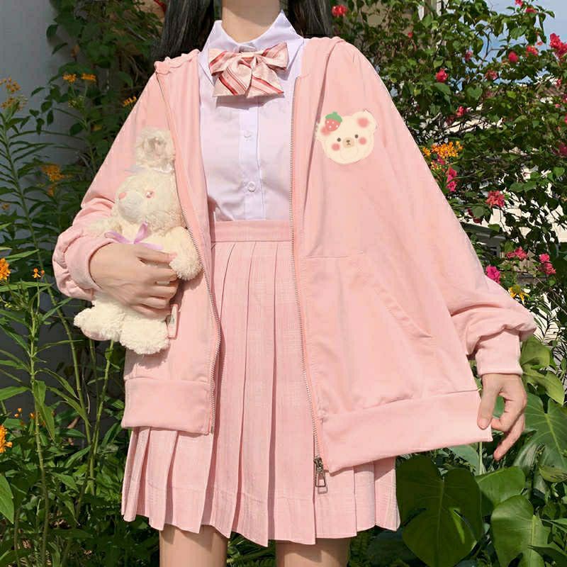 Zip Hoodie Beruang Cute (S - 6XL) Jaket Sleting Bear Strawberry BIGSIZE OVERSIZE Jumper Jumbo Oversize Unisex peach peachy Pink wanita Anak Perempuan S M L XL XXL 3XL 4XL 5XL 6XL