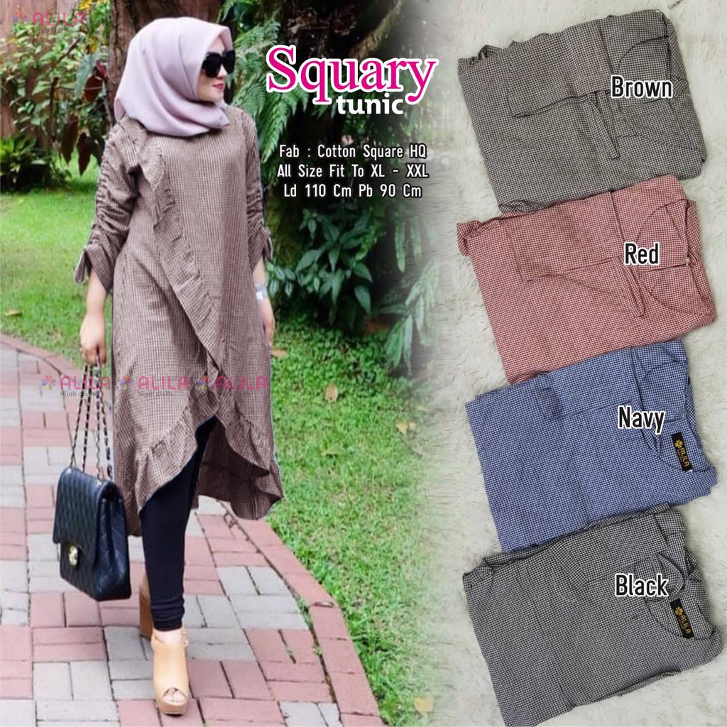realpicture squary tunik atasan muslim wanita motif kotak fashion kekinian lengan panjang alila cewe