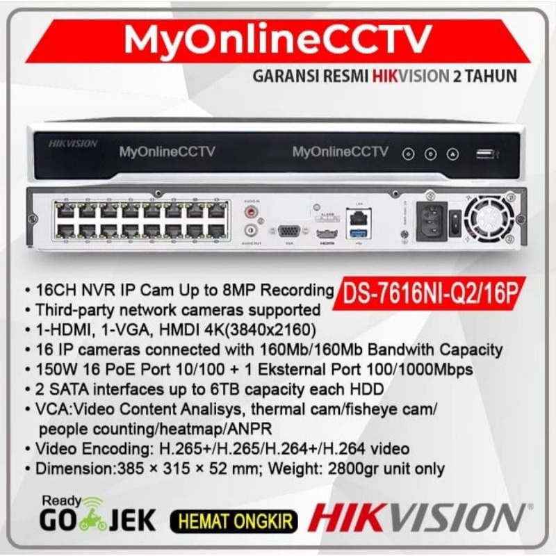 Jual DS-7616NI-Q2/16P HIKVISION DS 7616NI Q2 16P NVR IP Camera CCTV ...