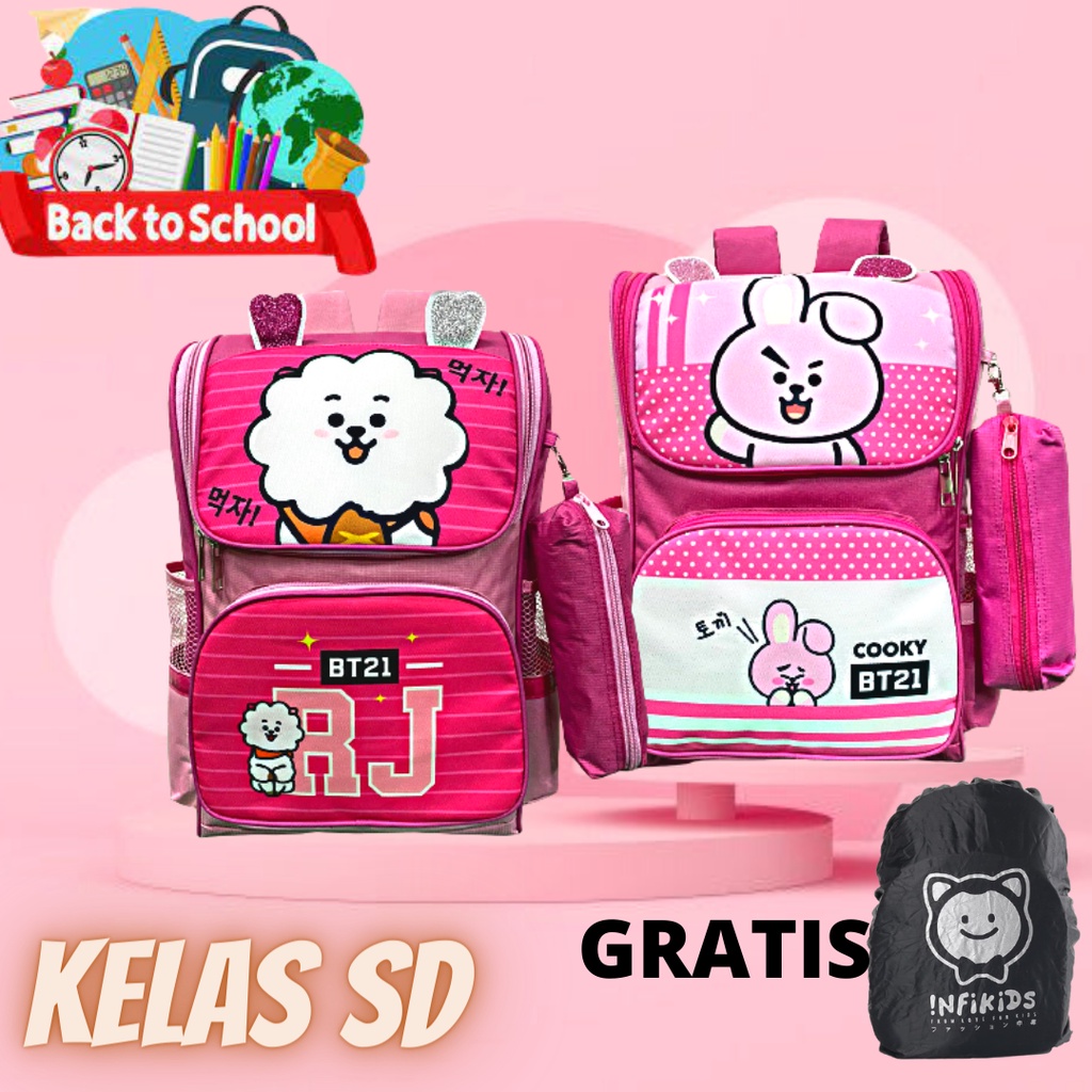 tas ransel anak perempuan SD BT21 gratis rancover