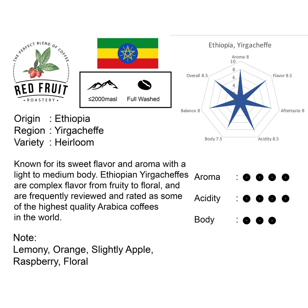 

Ethiopia Yirgacheffe Arabica Coffee Full Wash 200g