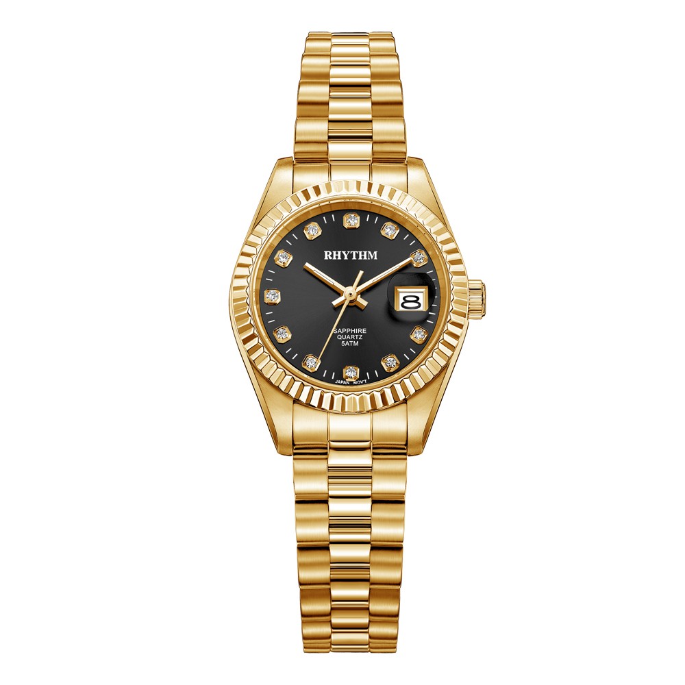 JAM TANGAN WANITA RHYTHM RQ1610 S12 RQ1610S12 ANALOG GOLD BLACK DIAL ANALOG STAINLESS STRAP