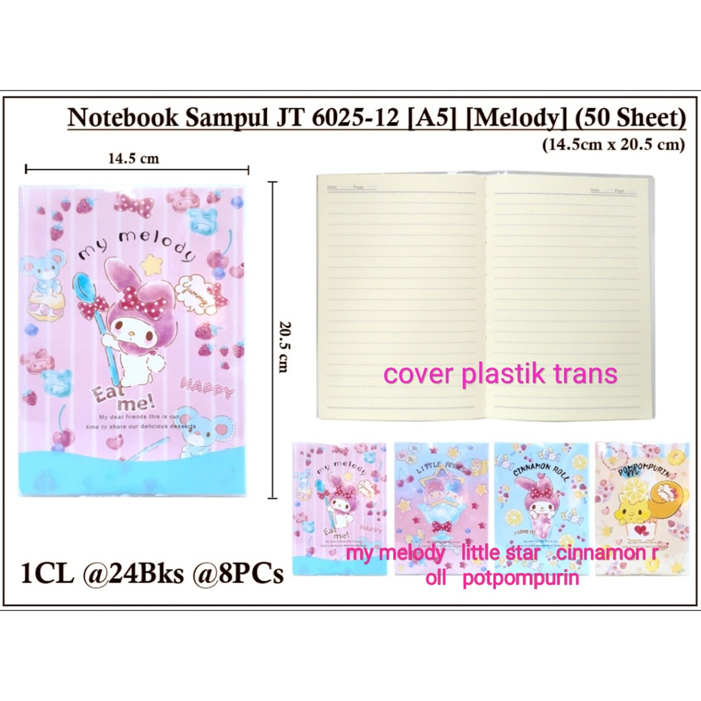

buku notes my melody little atau star atau pompompurin ukuran a5 isi 48 lembar