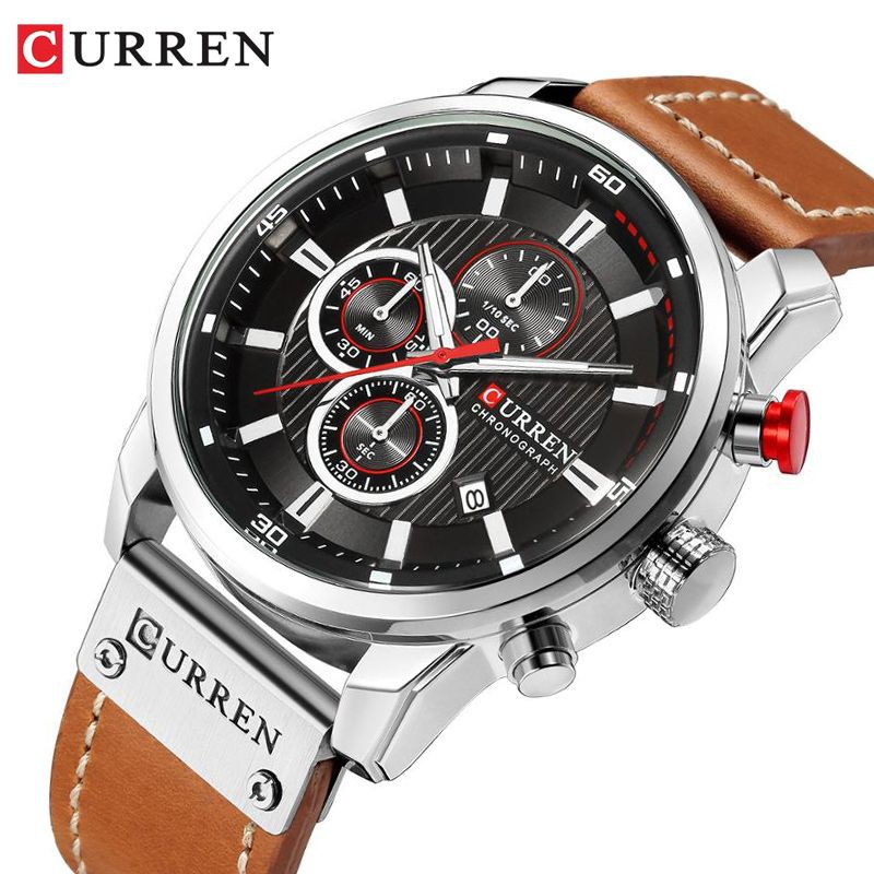 CURREN 8291 Jam Tangan Pria Analog Tali Kulit Chronograph Aktif WATCHKITE WKOS