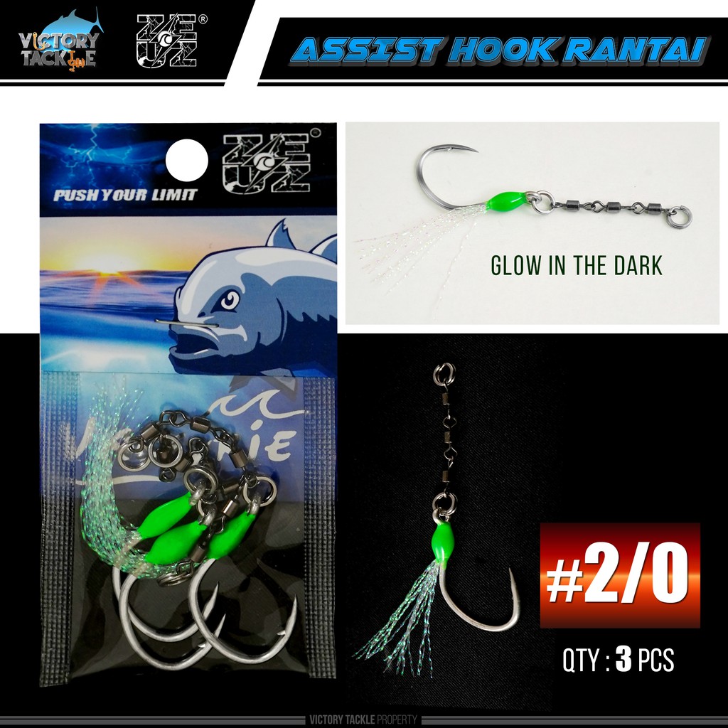 ASSIST HOOK ZEUZ SINGLE WITH THREE JOINT ROLLING SWIVEL GLOW IN THE DARK Tenggiri Killer