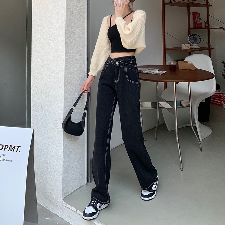 celana jeans wanita terbaru /high-waist straight-leg wide-leg jeans celana highwaist wanita/high-waist hamparan luas leg denim kasual berkobar celana wanita Korea/Celana jins pinggang tinggi korean style kasual celana lurus longgar