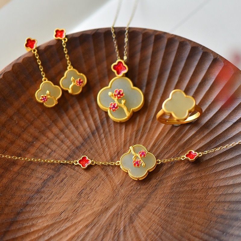 Classical Painted Clover Shape Natural Hetian Jade Earrings Necklace Bracelet Ring Set