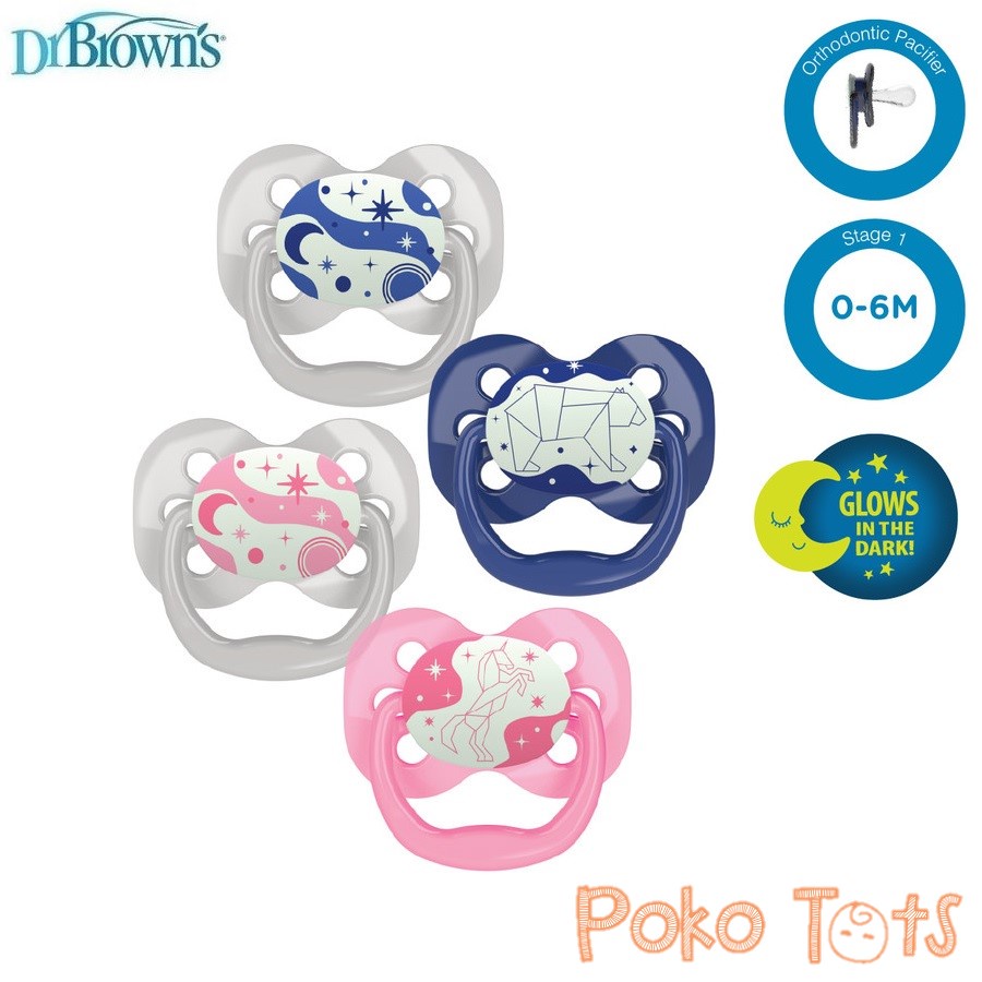 Dr. Brown's Advantage Glow In The Dark 0-6m Silicone Pacifier Stage 1 Isi 2 pcs Soother Pacifier Empeng Dr Browns