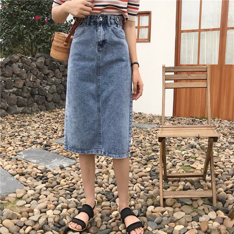 Rok Midi Jeans  Denim  High Waist Adjustable 2 Warna  untuk 