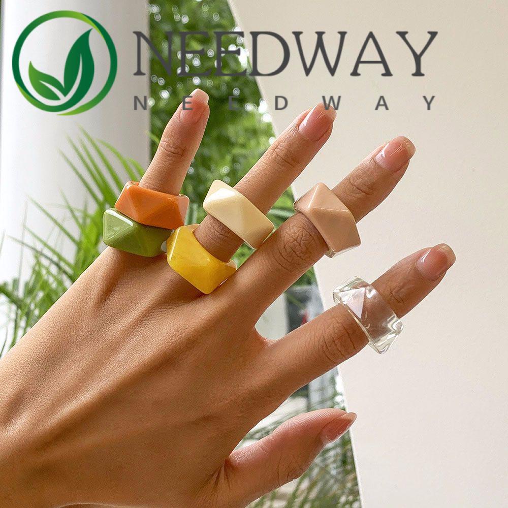 Needway  Men Resin Rings Korean Fashion Jewelry Finger Rings Punk Candy Color Women Girls Chunky Geometric 2021 New Style Open Ring/Multicolor