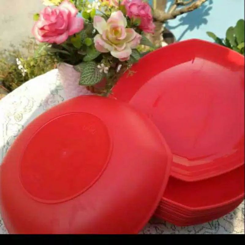 (PROMO Merah 12pcs) PIRING BESAR MANGKOK PLASTIK, PIRING WARNA MERK JITU / DG WARE, Lusinan Murah