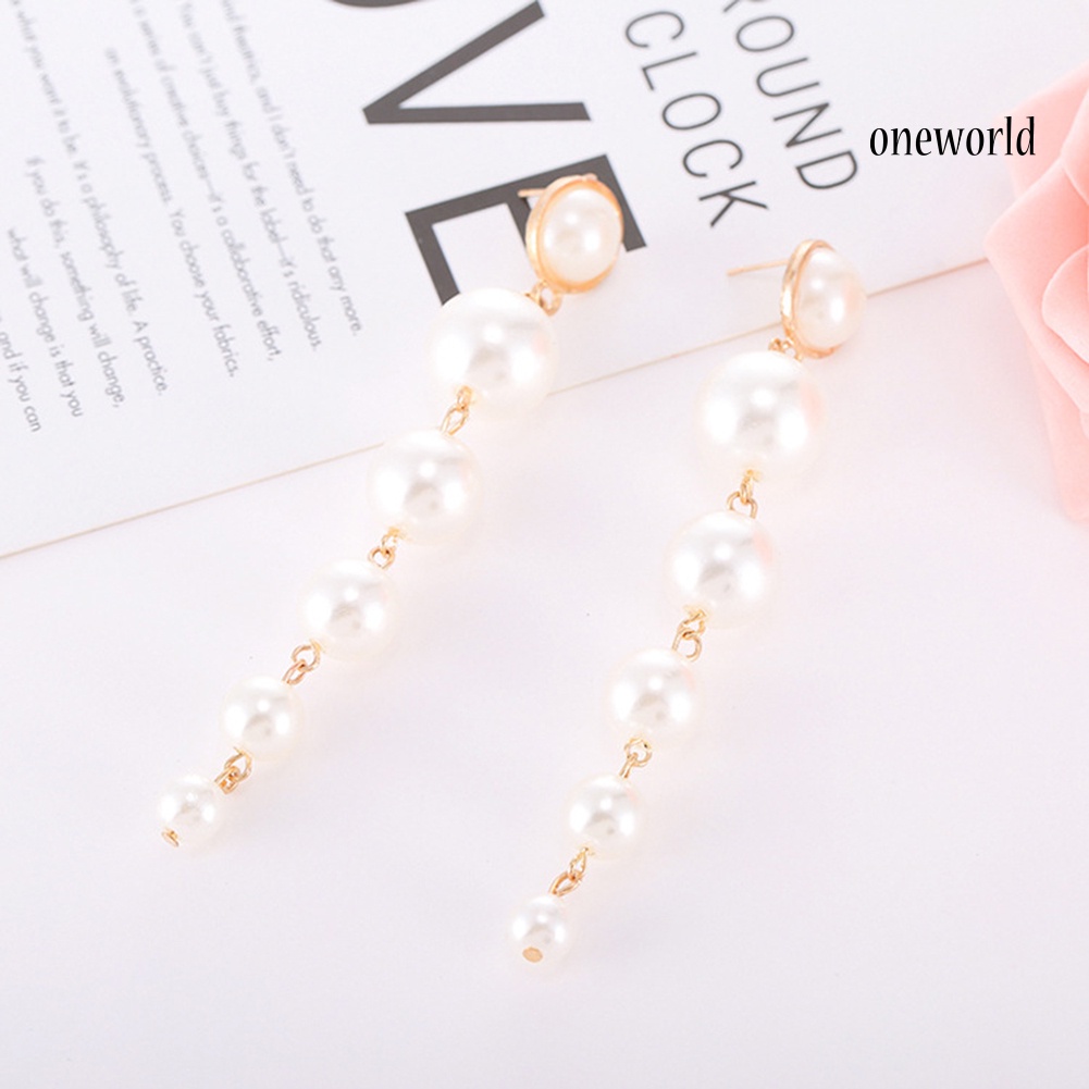 OW@ Fashion Women Big Round Faux Pearl Dangle Long Drop Stud Earrings Jewelry Gift