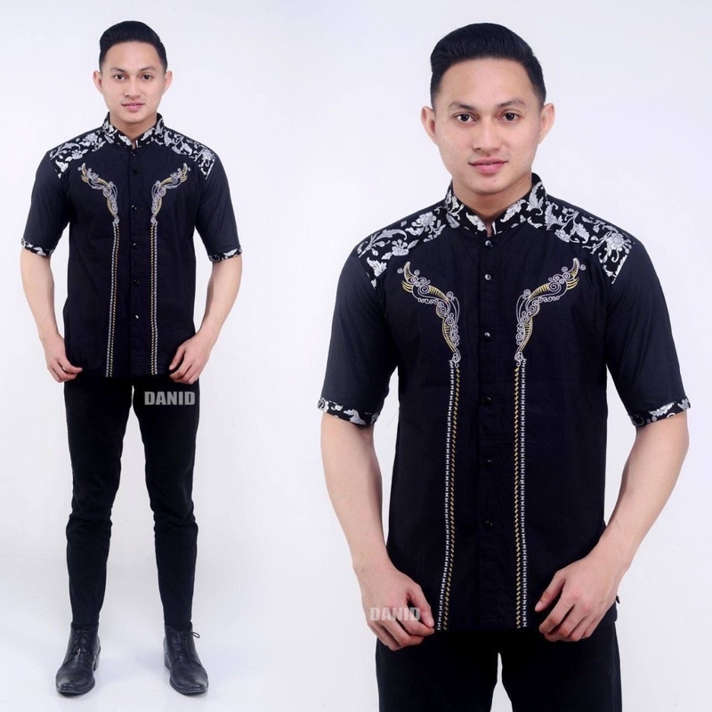 Baju Koko Pria Bordir Kombinasi Batik Prada Lengan Pendek Motif Aripin Bakung