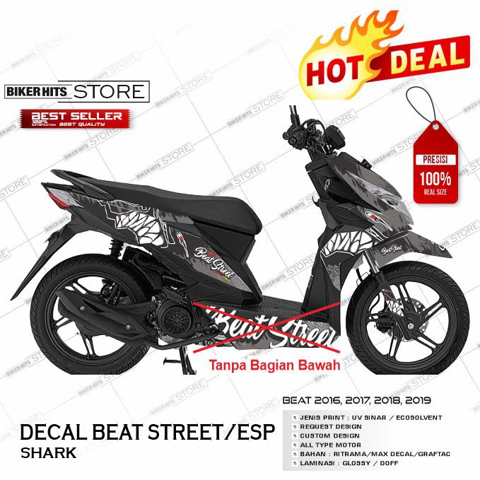 Decal Stiker Motor Full Honda Beat Street Esp 2016 2017 2018 2019 Desain Shark Corak Hitam Silver Shopee Indonesia