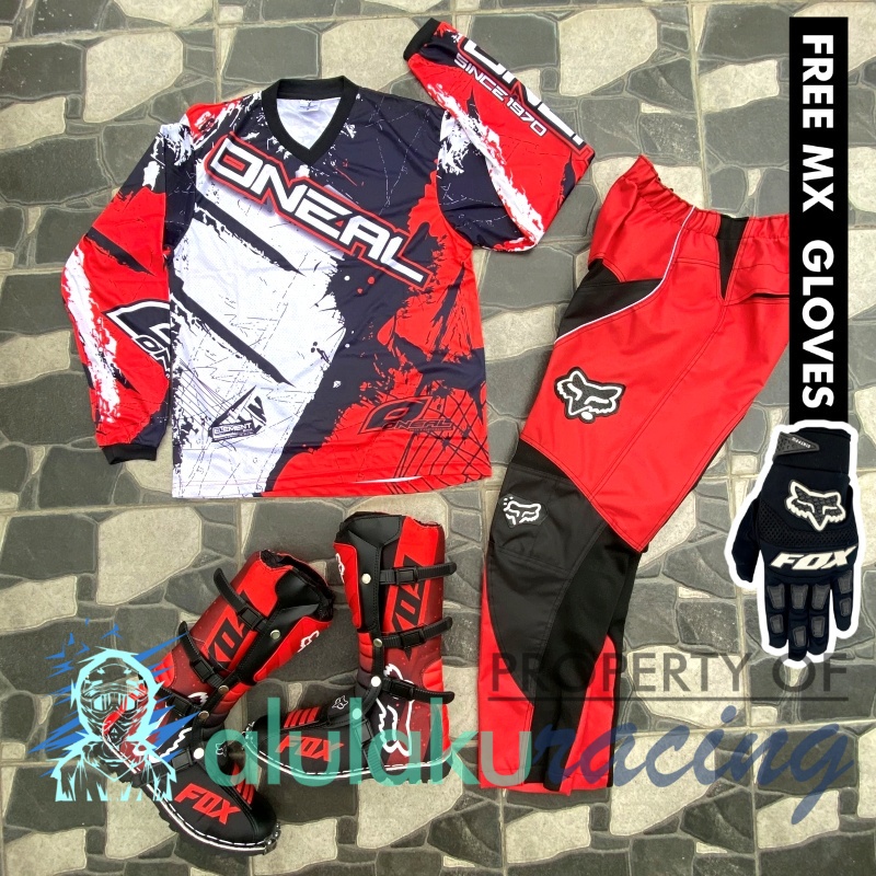 Jersey, Celana, Sarung Tangan &amp; Sepatu Fullprint with Protectors Fullset MX Trail Motocross - Paket Bundling ONCTFG010303-F41