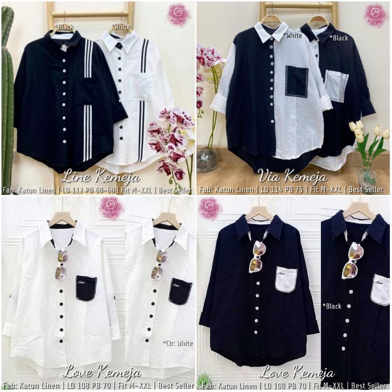 kemeja linen oversize/kemeja wanita hitam putih/kemeja katun linen