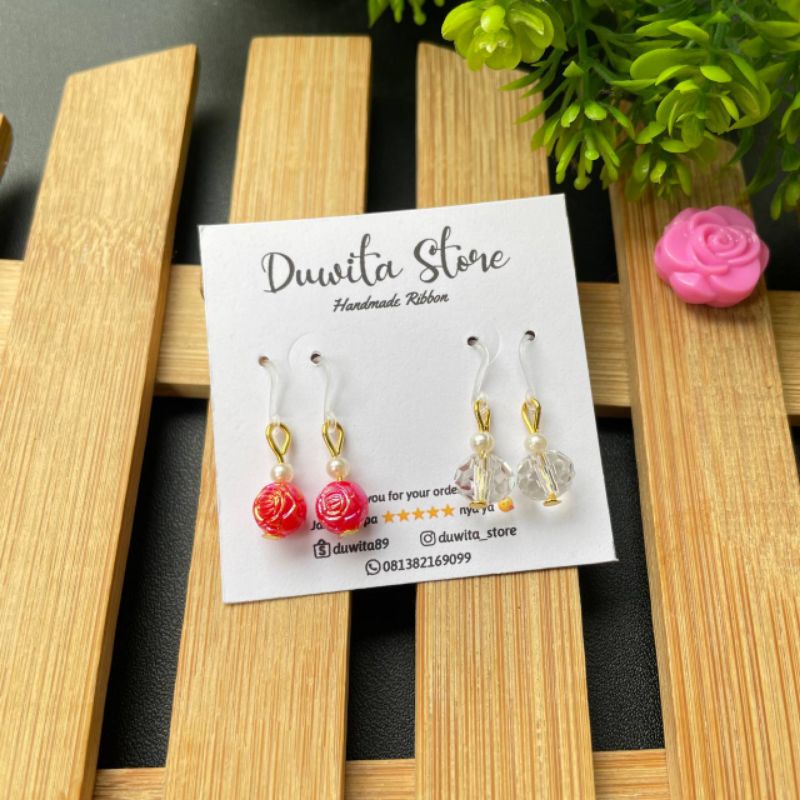 HANDMADE ANTING ANAK/DEWASA KAITAN PLASTIK MOTIF MUTIARA MAWAR(2pasang)