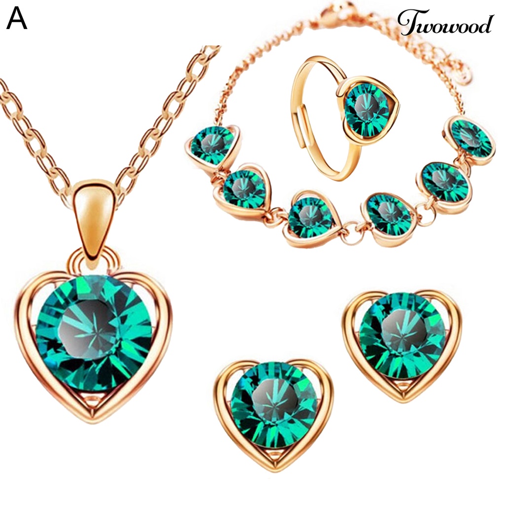 4pcs / Set Perhiasan Kalung Anting Cincin Gelang Bentuk Hati Aksen Glitter Kristal Imitasi Bahan Alloy Gaya Vintage Untuk Pesta