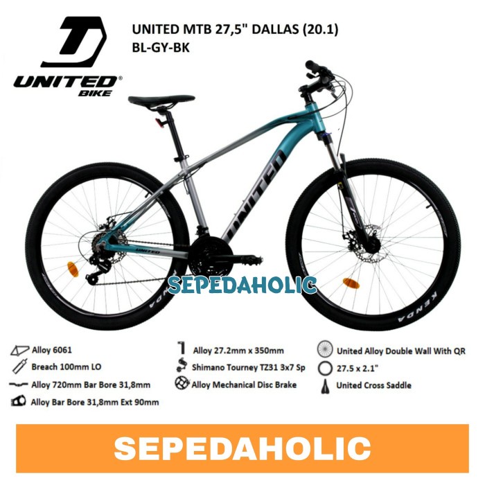 Sepeda Gunung 27.5 Inch UNITED DALLAS NEW 2021 Alloy 21 Speed - GY-BK-RD