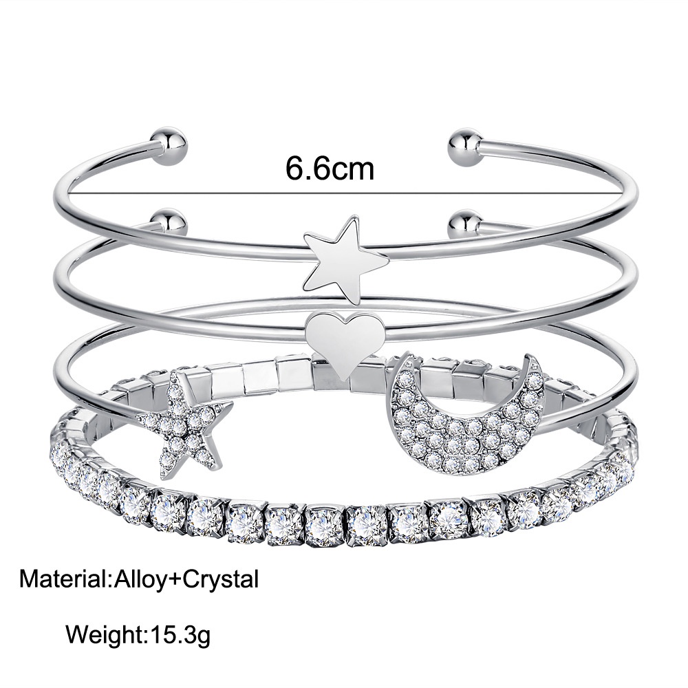 4pcs / Set Gelang Bangle Warna Emas Hias Kristal Bentuk Hati Bintang Bulan Untuk Wanita