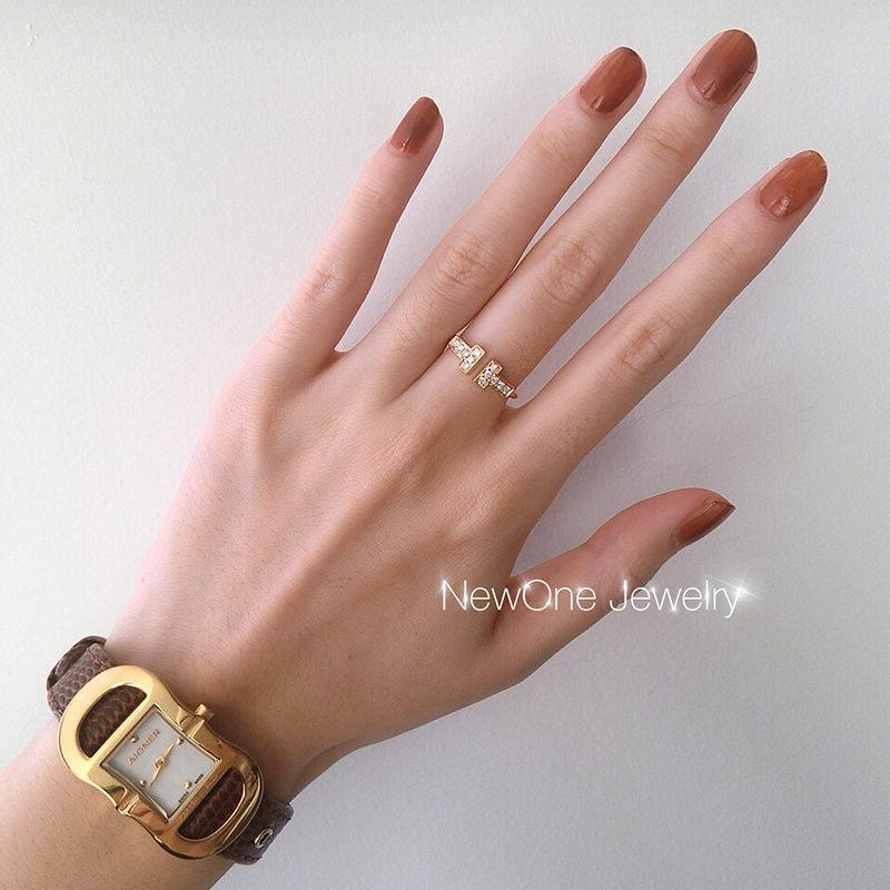 Cincin Model Terbuka Desain T Ganda Hias Berlian Warna Silvergold Gaya Koreasimple Untuk Priawanita