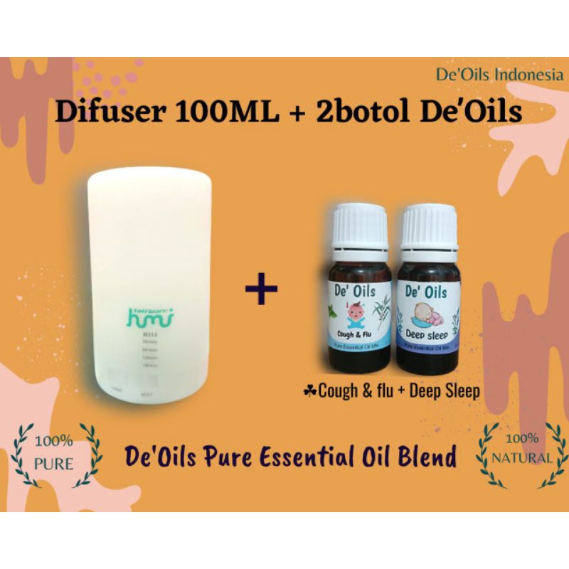 Difuser Humidifier 100ml + De'Oils Essential Oil Murni for baby Pure Essential Oil Imune Booster