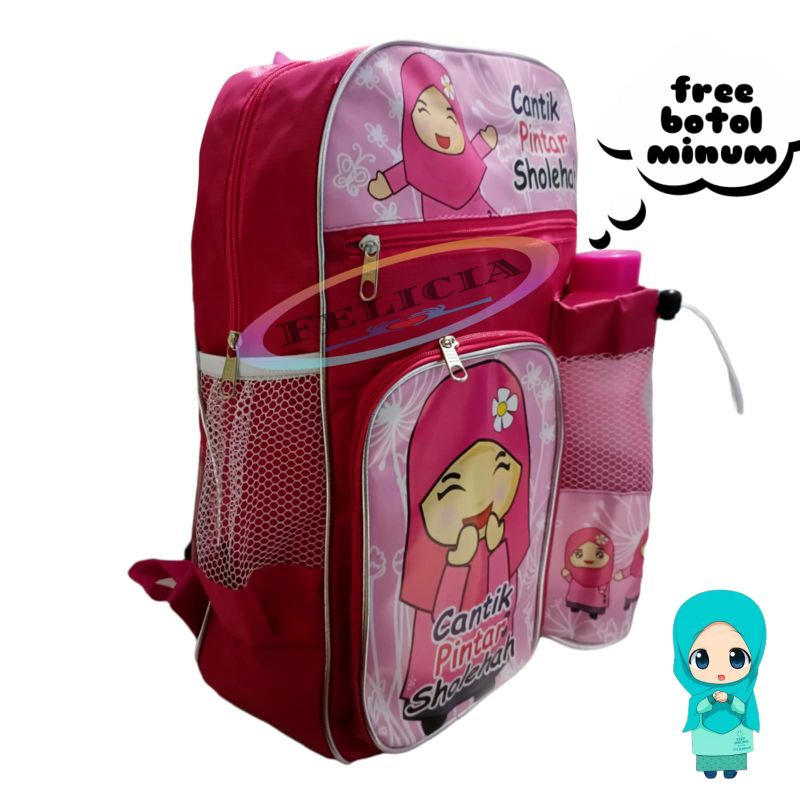 Tas Ransel Troly Muslimah Cantik pinter Sholehah Free botol Ransel anak sekolah perempuan