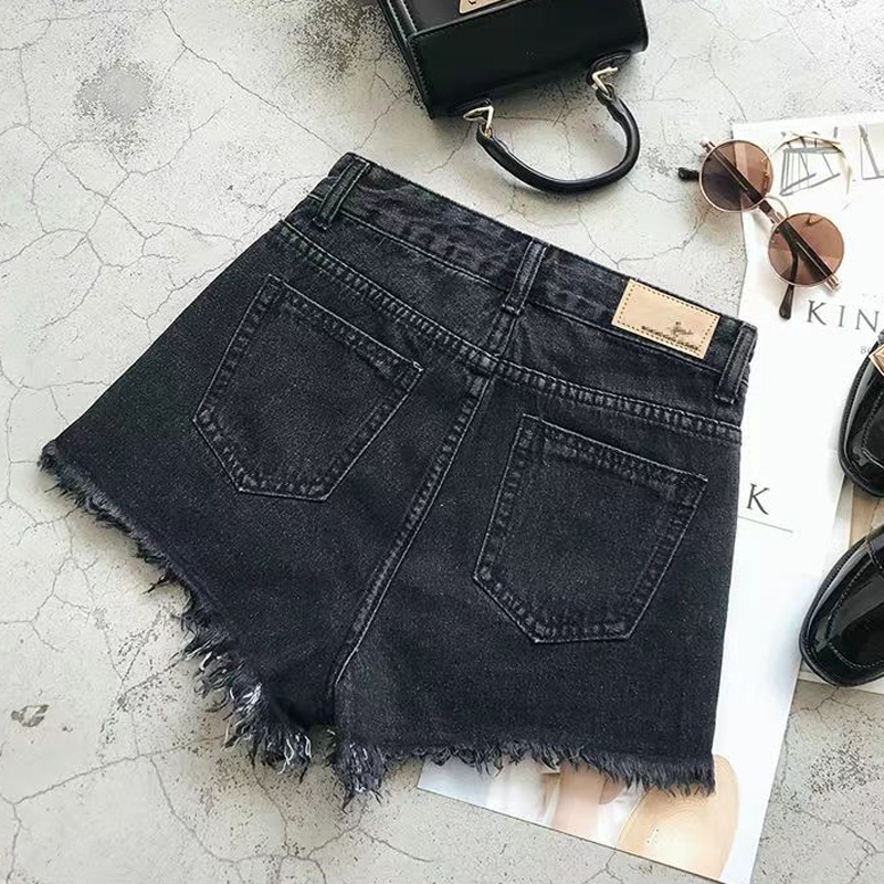 【Promo】Blue celana jeans pendek wanita hot pants jeans ripped kakinian dewasa high waist hitam santai cewek