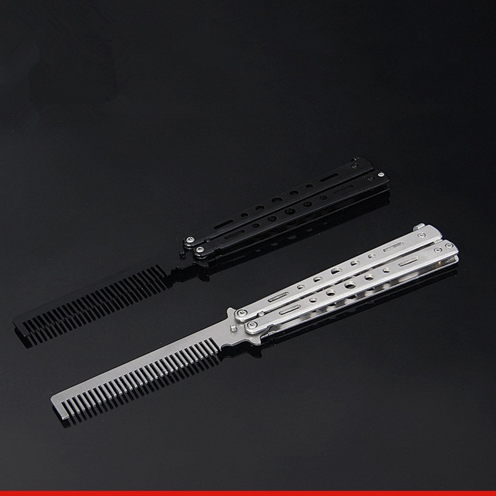 Sisir Laki Laki Sejati Sisir Besi Model Auto Macho Anti Stres Sisir Lipat Besi Sisir Cowok Foldable Comb Stainless Steel Practice Training Butterfly Knife Comb Beard Moustache Brushes Hairdressing Styling Tool Folding