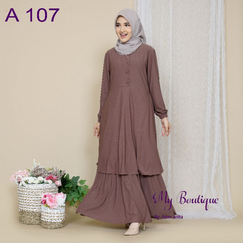 My Boutique Fashion Gamis A107 Coklat Tua Kancing Busui Friendly Stella Crepe Premium Malaysia
