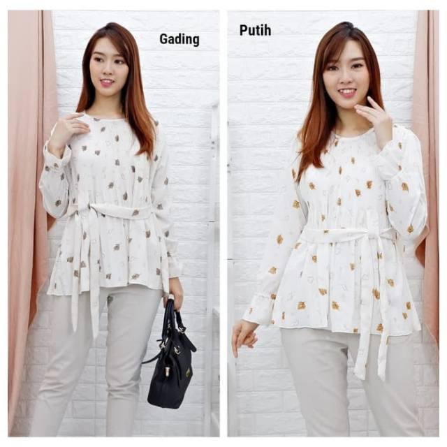 Autumn plisket blouse atasan wanita dengan pita 2249 - Putih