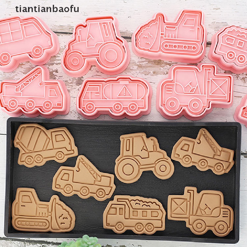 8pcs / set Cetakan Pemotong Kue / Biskuit / Fondant DIY Bentuk Kartun Mobil 3D