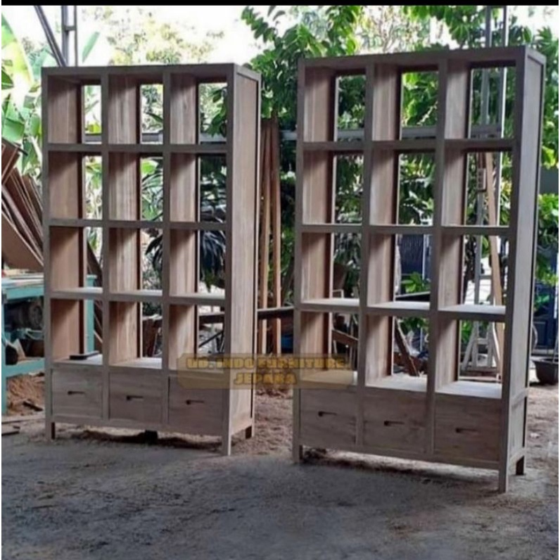 rak serbaguna buku rak hias besar kayu jati mentah