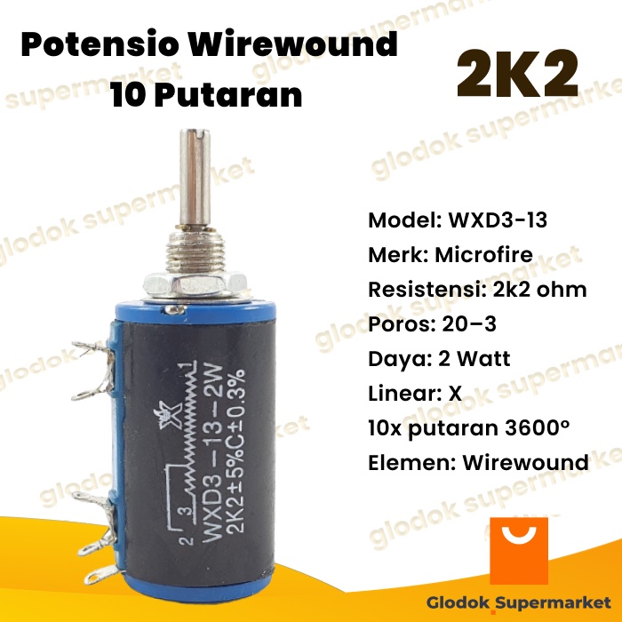 Potensio Wirewound 10 Putaran WXD313 2W 2k2 Microfire Multiturn Presisi WXD3-13 2 Watt