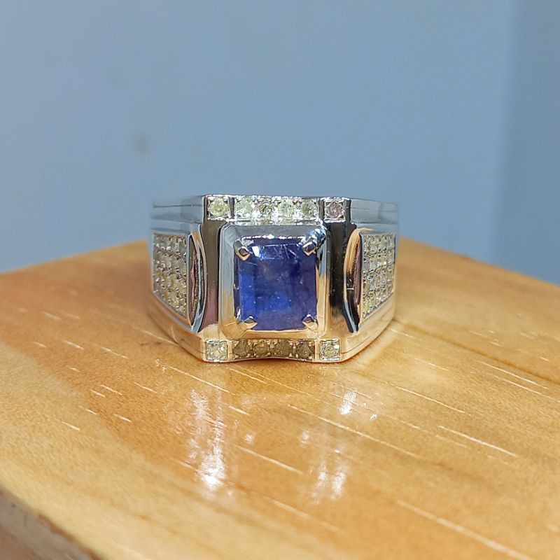 Free Ongkir | Cincin Silver Pria Elegan Berlian Asli Batu Blue Safir